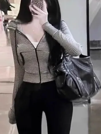 T-shirt lunga Sve slim fit da donna primavera autunno con cappuccio a righe Ele Top ort Cardigan Faionable Commute Sle