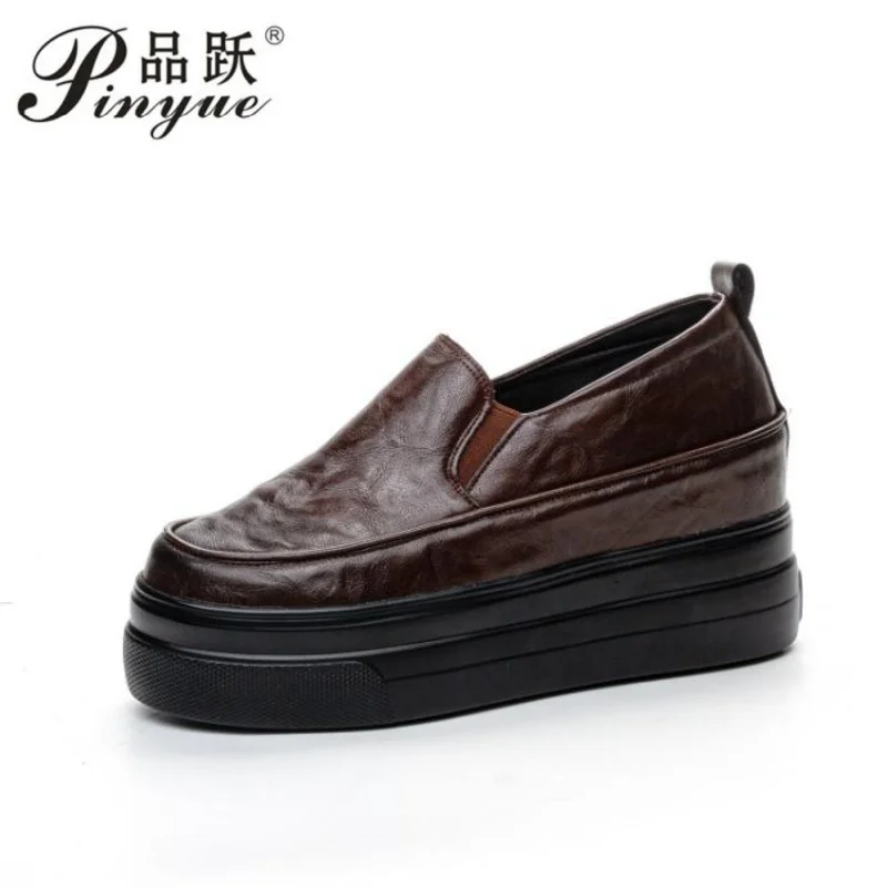 

7.5cm Genuine Leather Cow Platform Wedge Women Shoes Chunky Sneakers Slip on Hidden Heel Waterproof Women Vulcanized Shoe 31-42