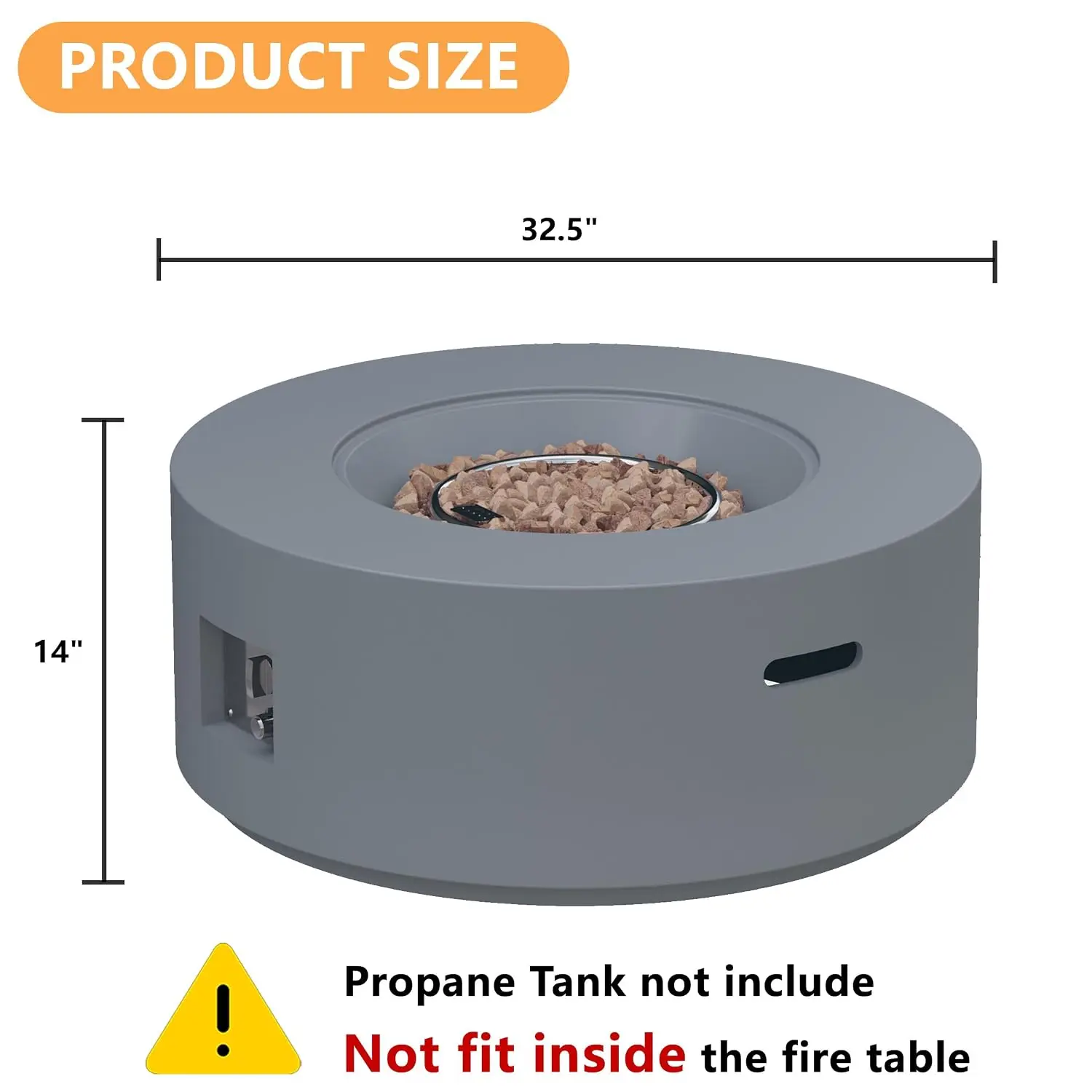 32 inch Round Propane Fire Table 50000 BTU Steel Lid Rain Cover 10ft Hose Lava Rocks Grey Patio Outdoor, Customized