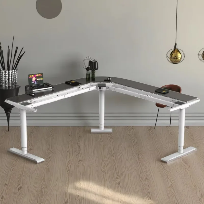 Zgo modern standing desk ergonomic executive l shape 3 legs three motor electric height adjustable foldable home office corner