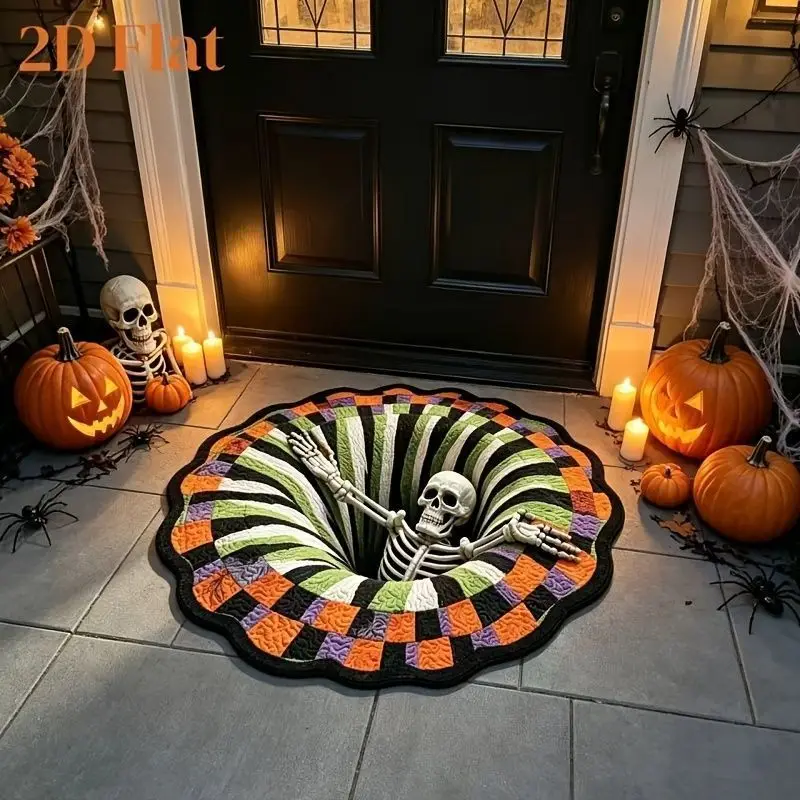 VIKAMA Halloween Round Rug Gothic Abyss Skeleton Castle 3D Non Slip Area Rug Living Room Spooky Decor Elegant Unique Washable