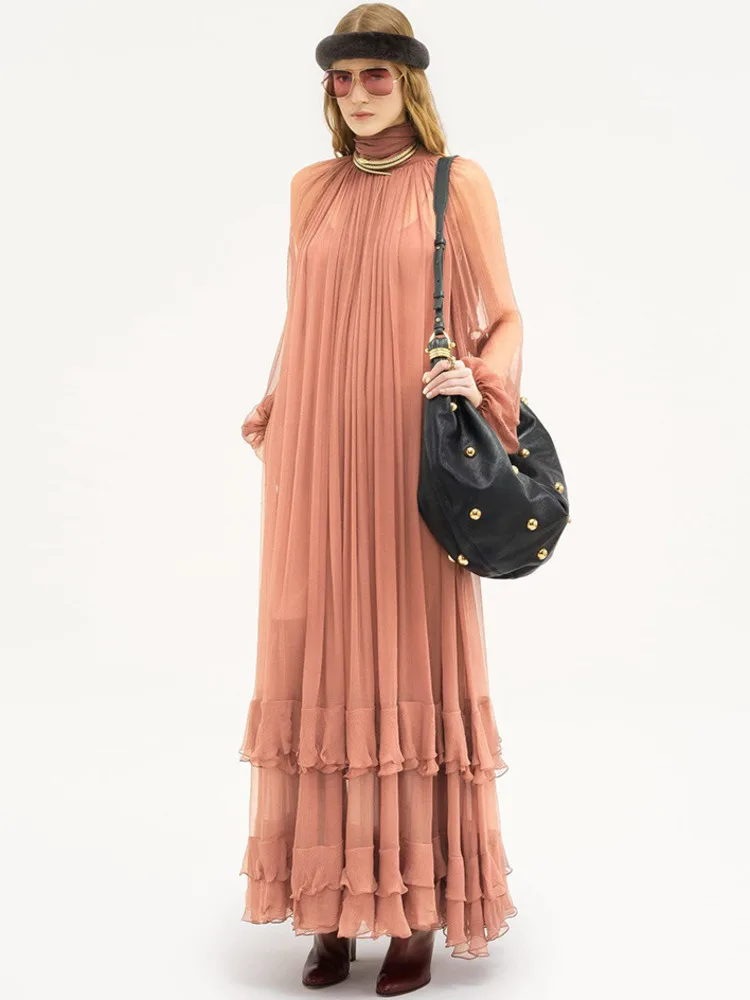 여성용 2025 봄 여름 시스루 러플 미디 드레스 스탠드 칼라 긴 소매 플로우 비치 파티 우아한 요정 드레스