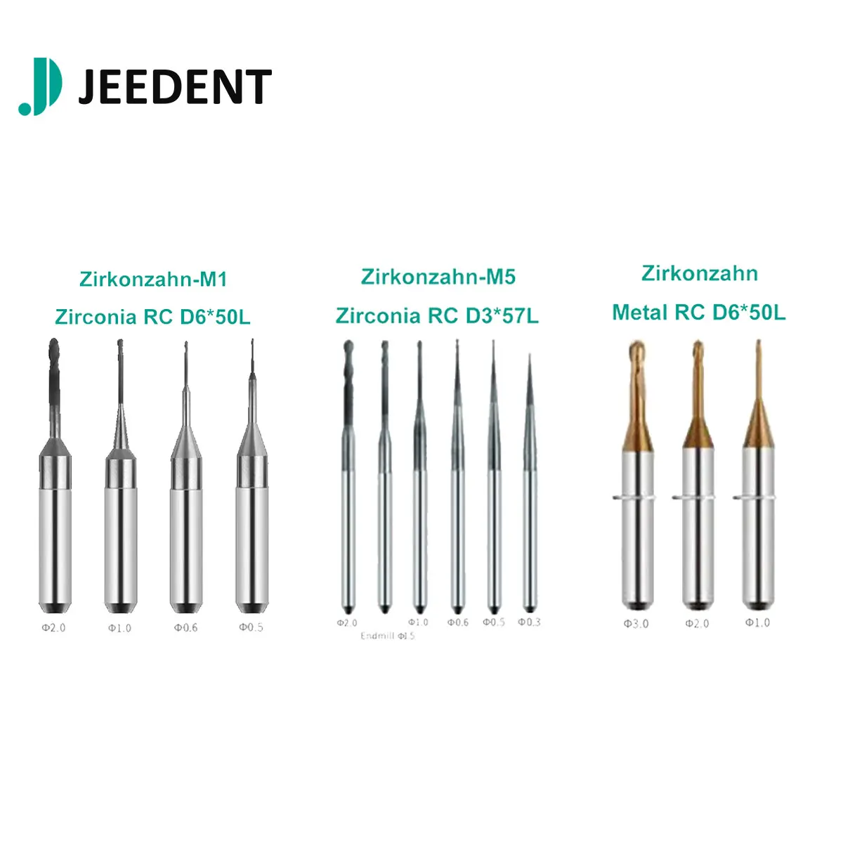 Zirkonzahn Milling Burs for M5 Zirconia Cutting Tool 57mm Total Length DC DLC Diamond Coating 0.5 1.0 2.0mm D3 Shank CAD CAM Bur