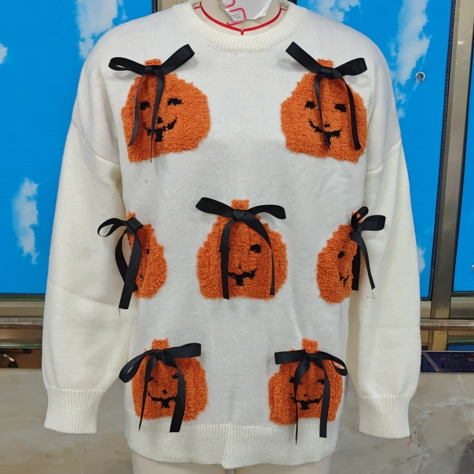 

Женский свитер на Хэллоуин с аппликацией, пуловер с круглым вырезом и длинными рукавами, теплый свитер на осень-зиму