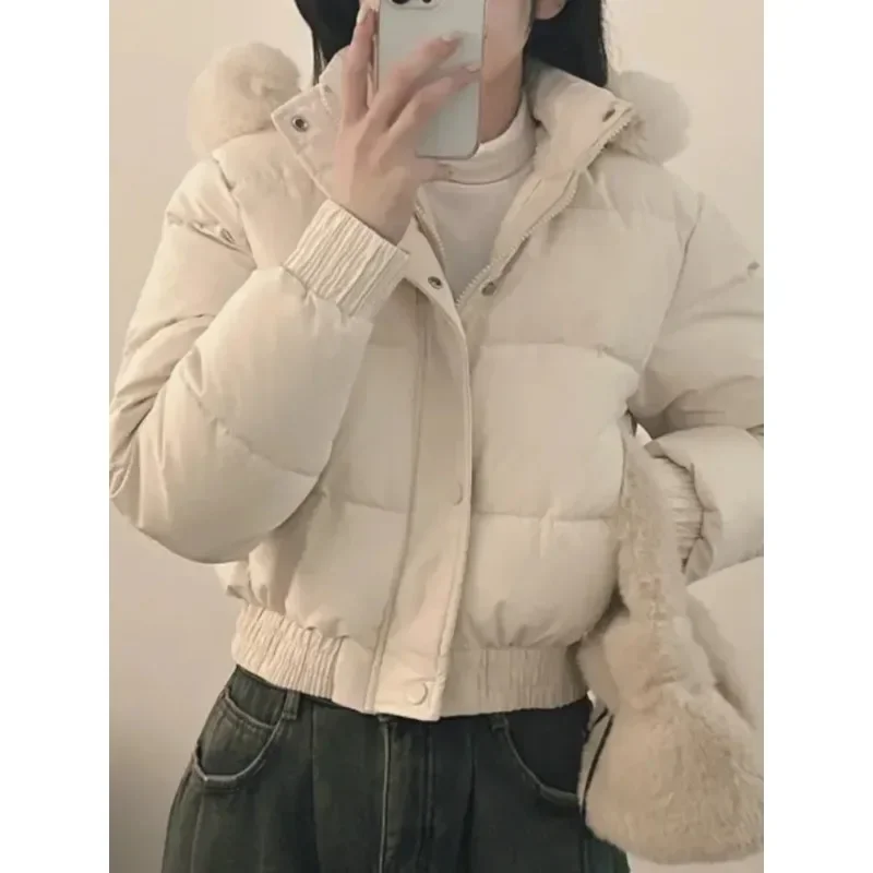 South korea Chic Autumn and Winter Fur Collar Hood Short down Coat Women Fashion Thick Warm Fleece-lined Cotton-padded jacket...