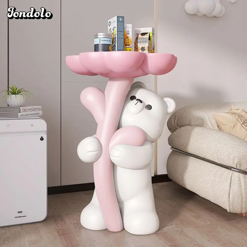 Cute Bear Embracing Flowers And Landing  Side Table Ins Style Living Room Bedroom Table Pink Children\'S Room Decoration Bedsid