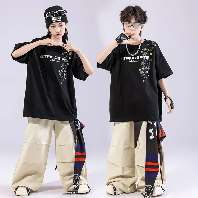 Teenager Hip Hop Kleidung Street Dance Outfit Schwarz T-shirt Khaki Hosen Baggy Jogger Tragen Mädchen Jungen Jazz Performance Set BL16578
