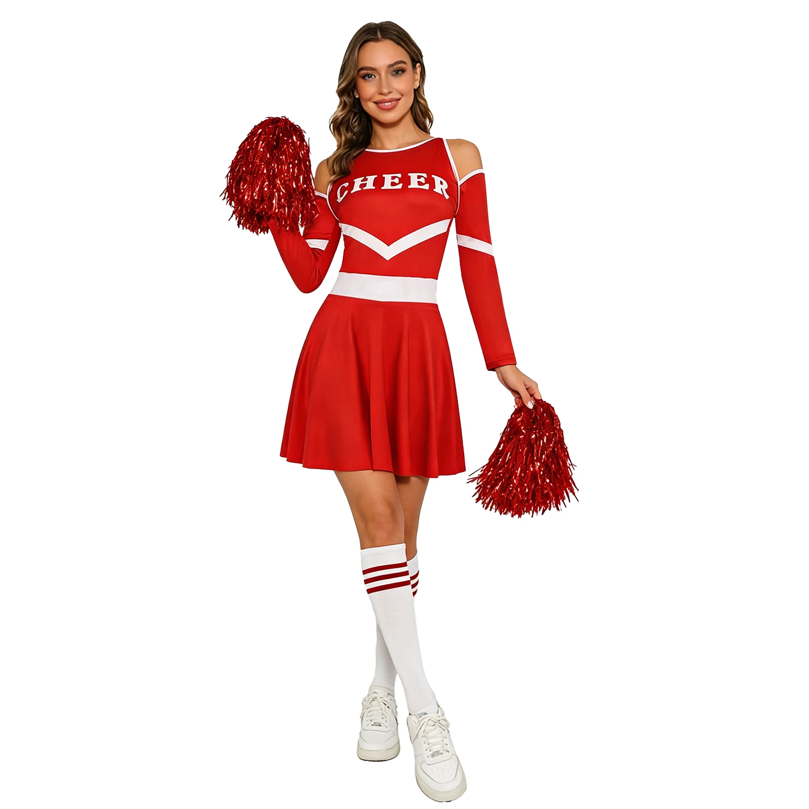 Womens Cheerleader Performance Costume Cheer Letter Print Dress with Stockings Bow Headband And Pom-poms Cheerleading Uniform