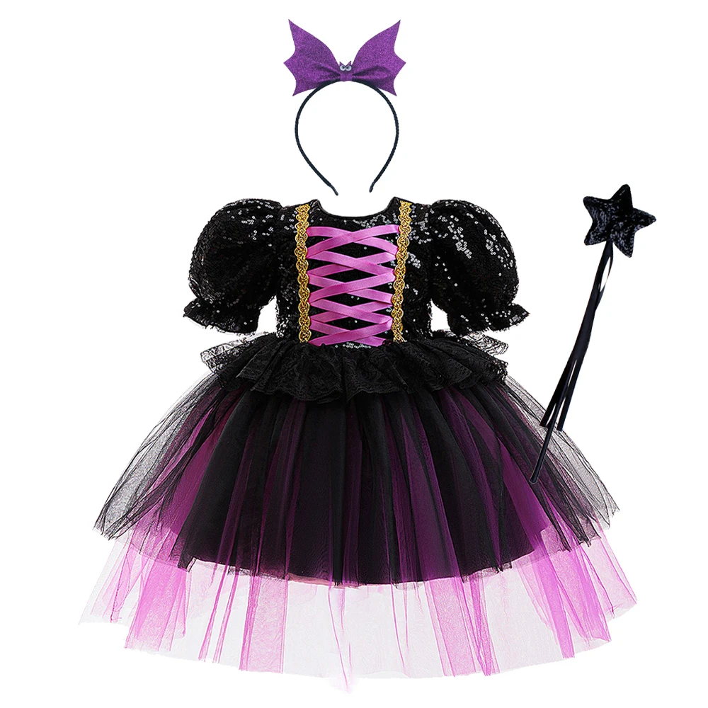 

Girls Sequins Halloween Purple Witch Costume Children Black Knee Length Tutu Dresses for Girl Princess Kids Birthday Dress ASQ05