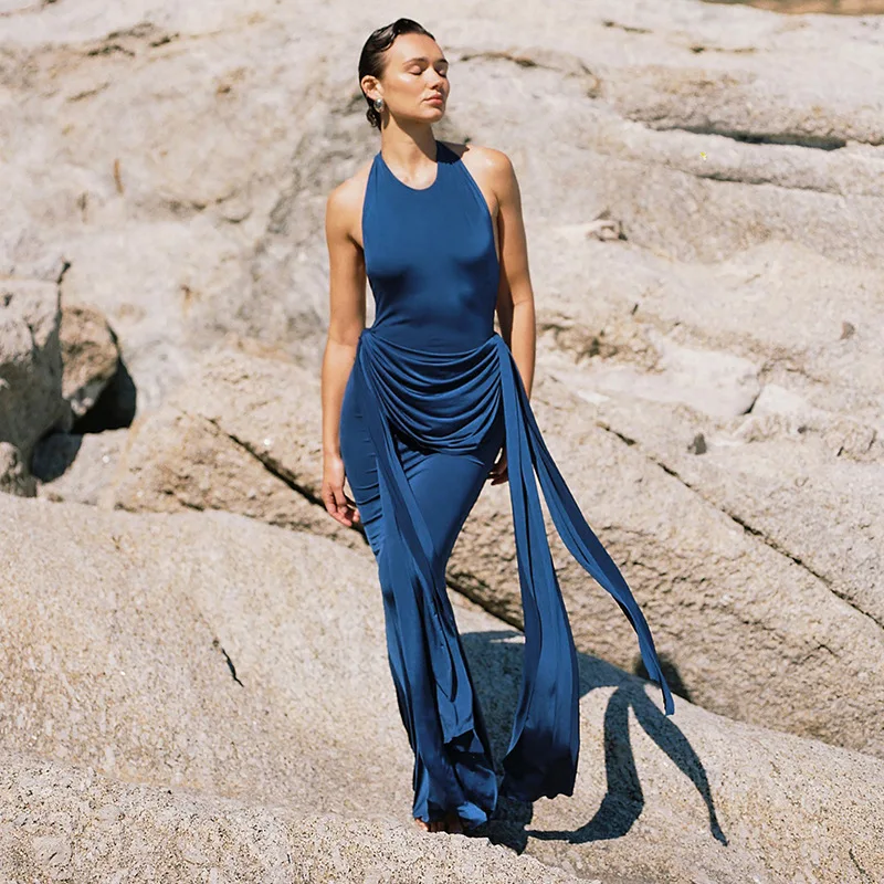 

Summer Blue Halter Backless Elegant Maxi Dress with Ribbon Sexy Sleeveless Draped Holidays Party Dress Evening Club Outfits
