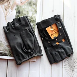 Skórzane rękawiczki pół palca kobiet sSheepskin krótka modna nit rurkowy styl cienkie sportowe na świeżym powietrzu jazdy samochodem lokomotywa