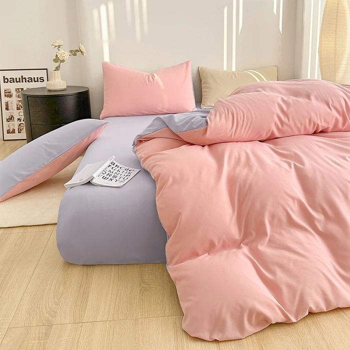 Simple Cream Style Duvet Cover Set Modern Double Color Splicing Cotton 3Pcs Bedding Dormitory Bedroom Decor with Pillowcases