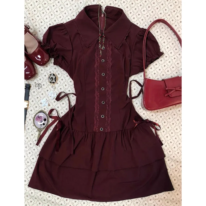 Vintage Lace Patchwork Shirt Dress Women Lolita Preppy Style Button Short Sleeve Dress Slim Harajuku Y2K Tiered Gothic Vestidos