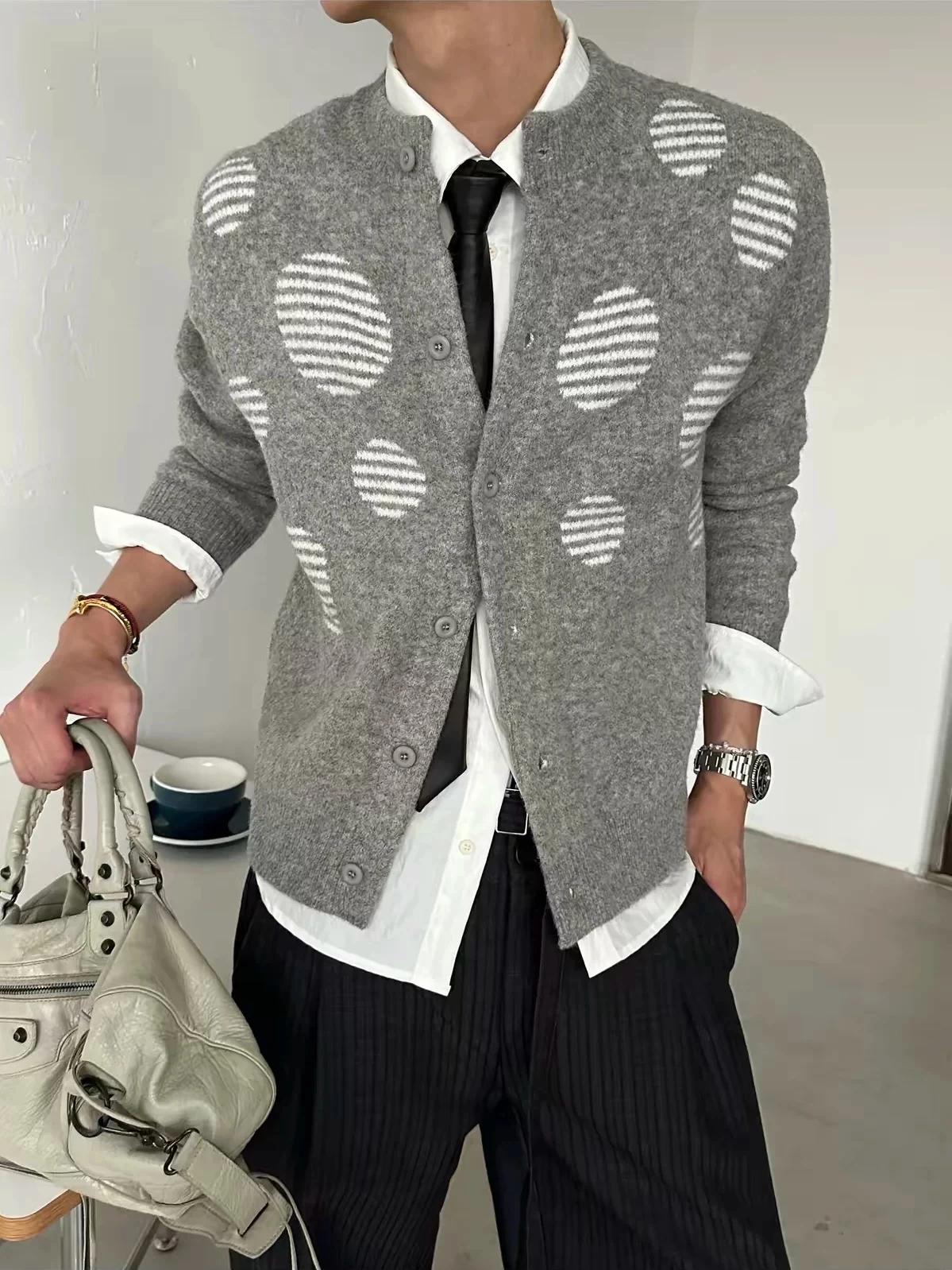 Retro American Knitted Open Cardigan Loose Fit Men's Soft Polka Dot Texture Casual Sweater Winter Warm Long Sleeve round Neck