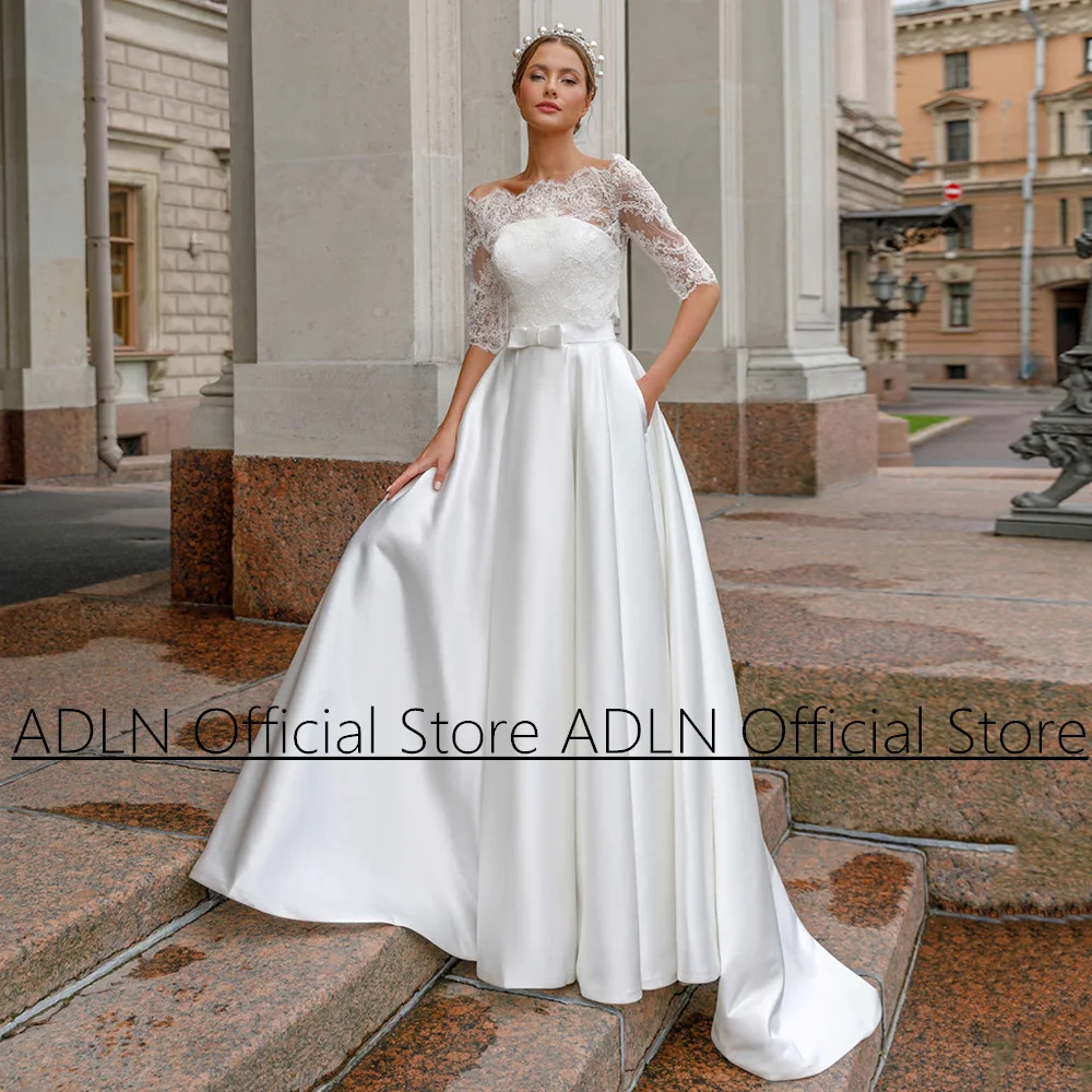 Elegant Satin Wedding Dress with Lace Bolero Jacket Strapless Sleeveless Bow Belt Sweep Train Back Zipper Buttons Bridal Gown