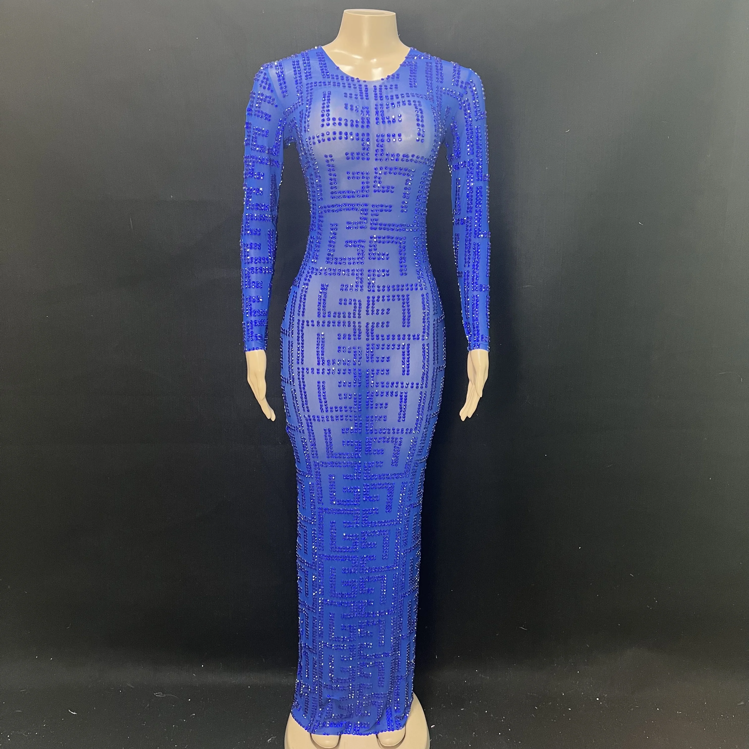 Vestido largo de noche transparente con diamantes de imitación, ropa de baile de malla, traje elástico para actuaciones de noche, Sexy, dorado, azul y plateado