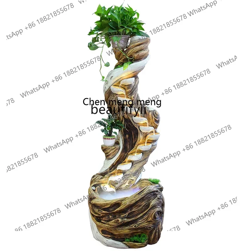 Floor-standing wood carving running water fountain ornaments living room stair corner circulating water fish pond landscaping