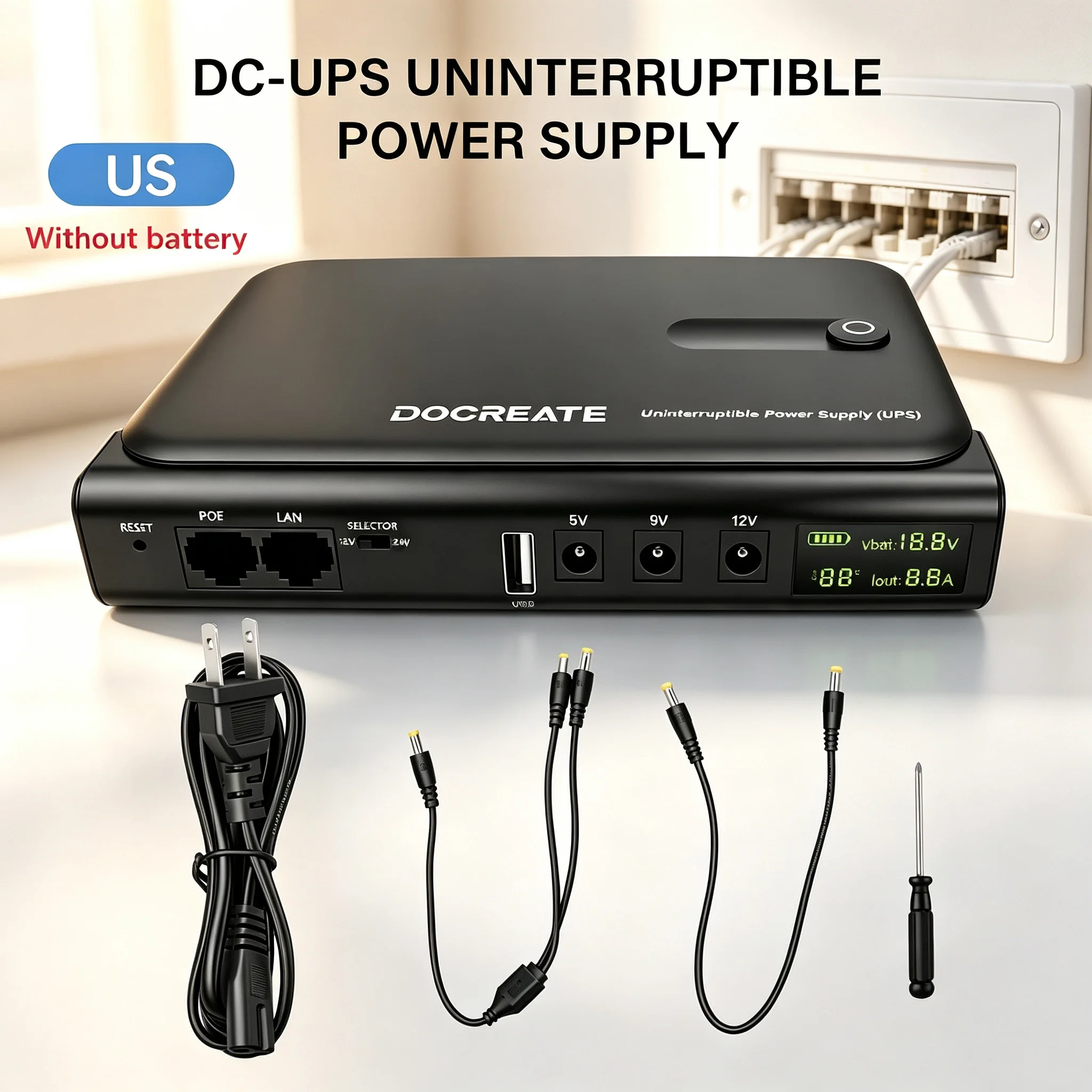 Portable UPS Battery Backup 36W Uninterruptible Power Supply with LED Display Multi Voltage Output for Router 5V/9V/12V US Plug