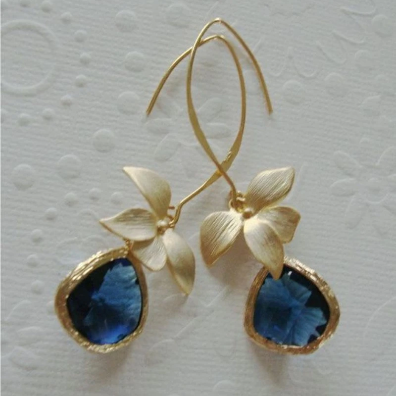 Fashion Golden Orchid Blue Droplet Zircon Dangle Earrings Elegant Flower Water Drop Earring Jewelry Women for Commuting