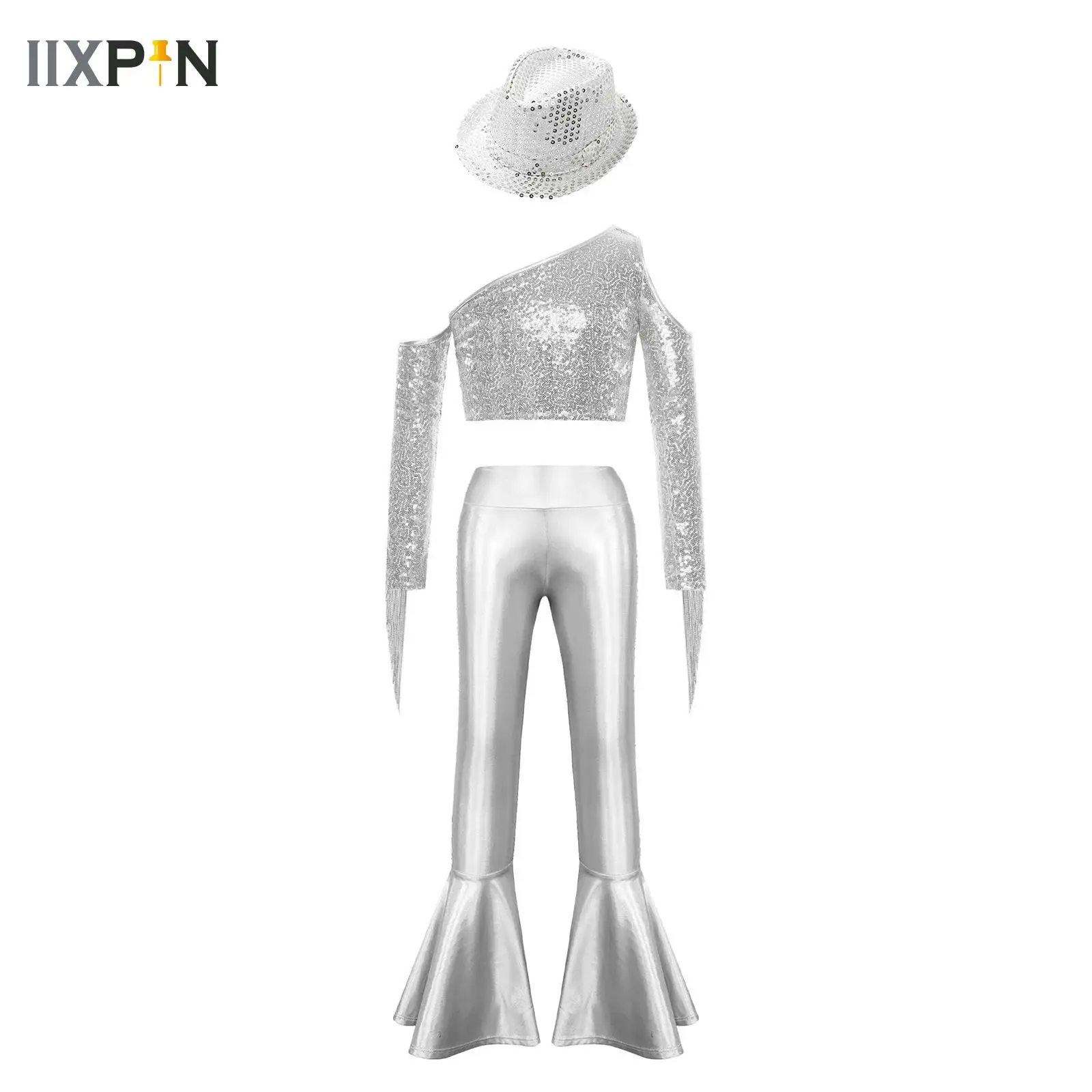 

Girls Shiny Sequins Tassels Crop Top with Hip Hop Jazz Street Dance Pnst Performance Costume for Halloween 70s Disco Hippie