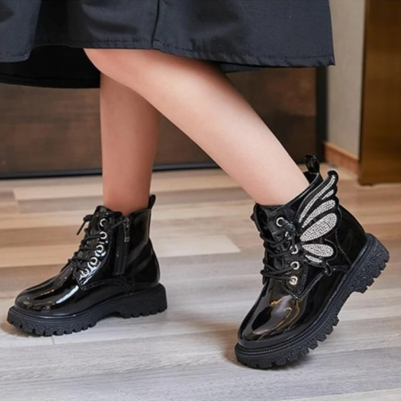 Girls Winter Boots 2026 Autumn Winter British Style Wings Kids Short Boots Fashion New Leather Boots