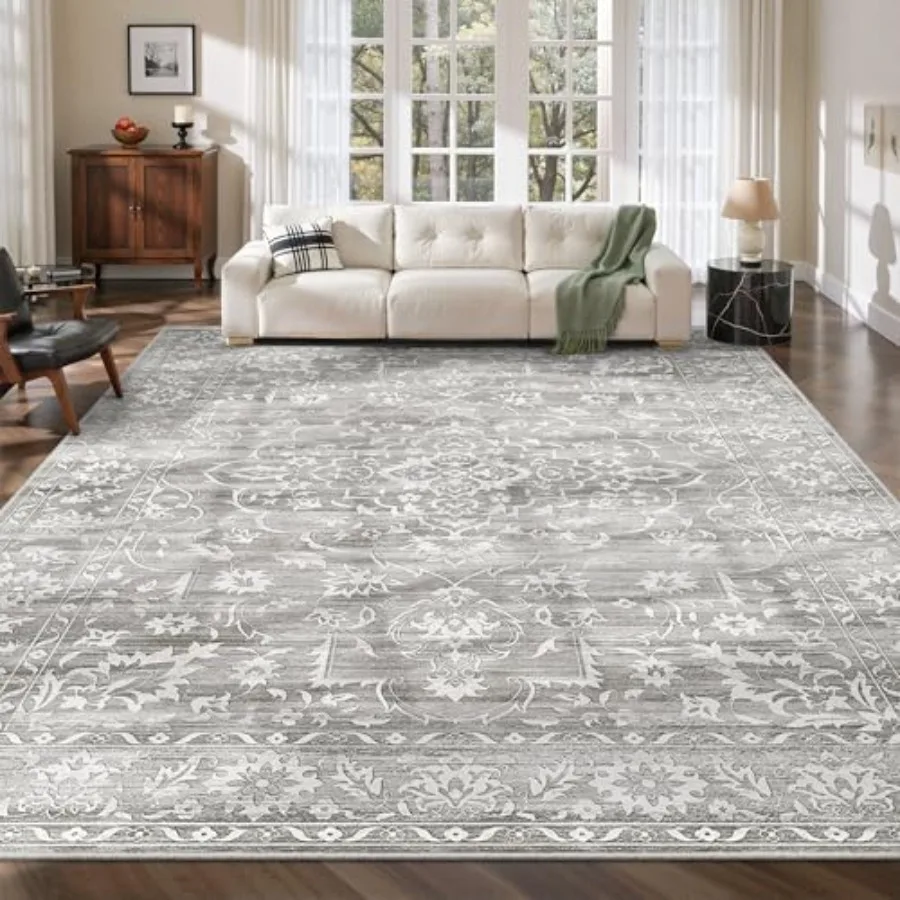 

Washable area rug for living room, dining room, bedroom, home office; vintage floral design on stain-resistant non-slip low-pil