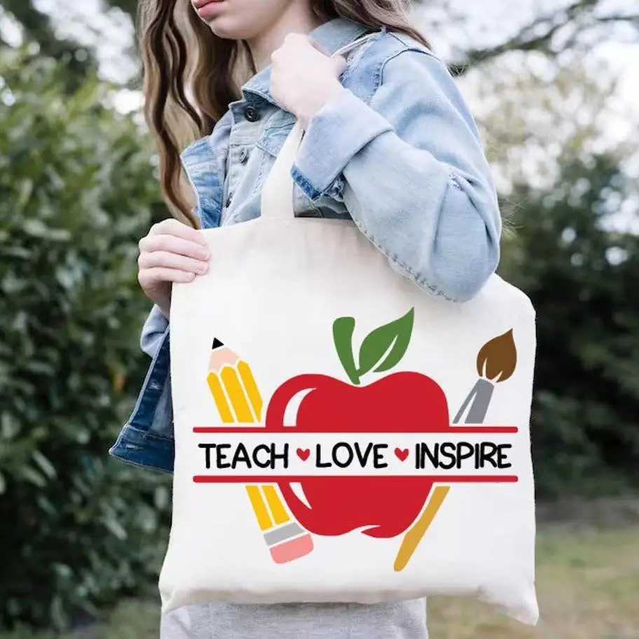 Lindo bolso de mano para profesores, bolso para libros, regalo de manzana para profesores, bolsos de hombro para profesores, diseño de bebidas y manzana, regalo para estudiantes y profesores