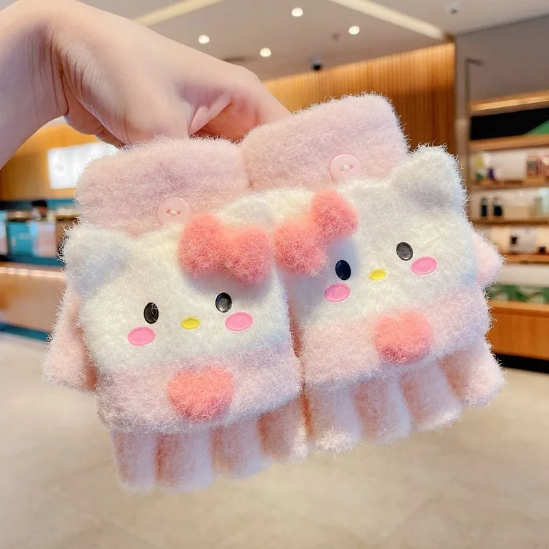 New Cartoon Gloves Cute Winter Plush Warm Flip Gloves for Students to Write Cold Resistant Five Finger