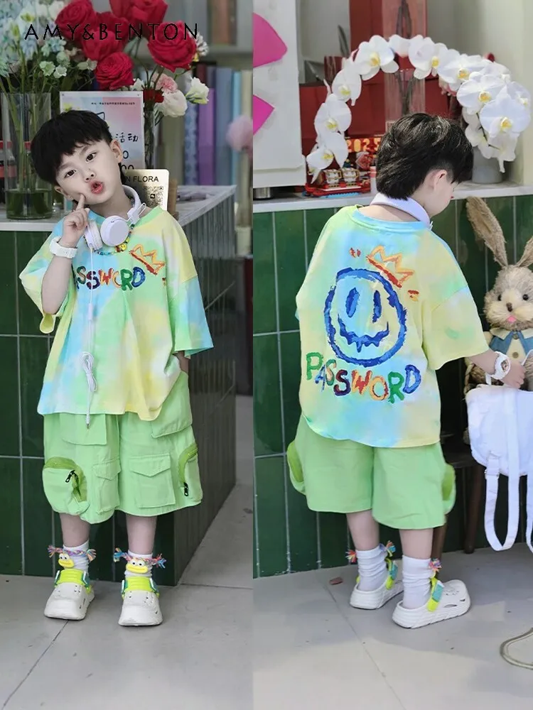

Boys 2026 New Summer Pure Cotton Soft Set Kids Cool Streetwear Color Block Loose Letter Print Short-sleeve T-shirt and Overalls
