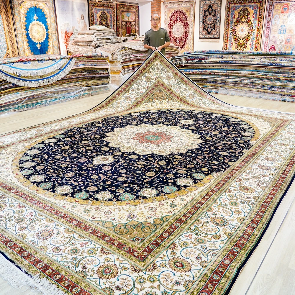 350x472cm Oversize High Quality Black Rugs Medallion Handwoven Persian Silk Carpets (TJ838A)