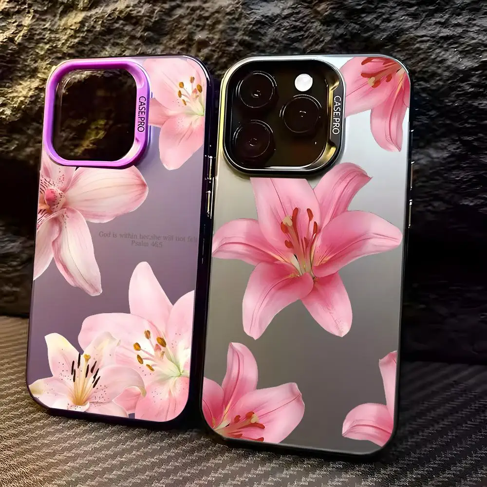 Coque de téléphone élégante motif fleur de lys rose pour iPhone 18 17 16 15 14 13 12 Pro Max Air, coque de téléphone antichoc mate laser aurore