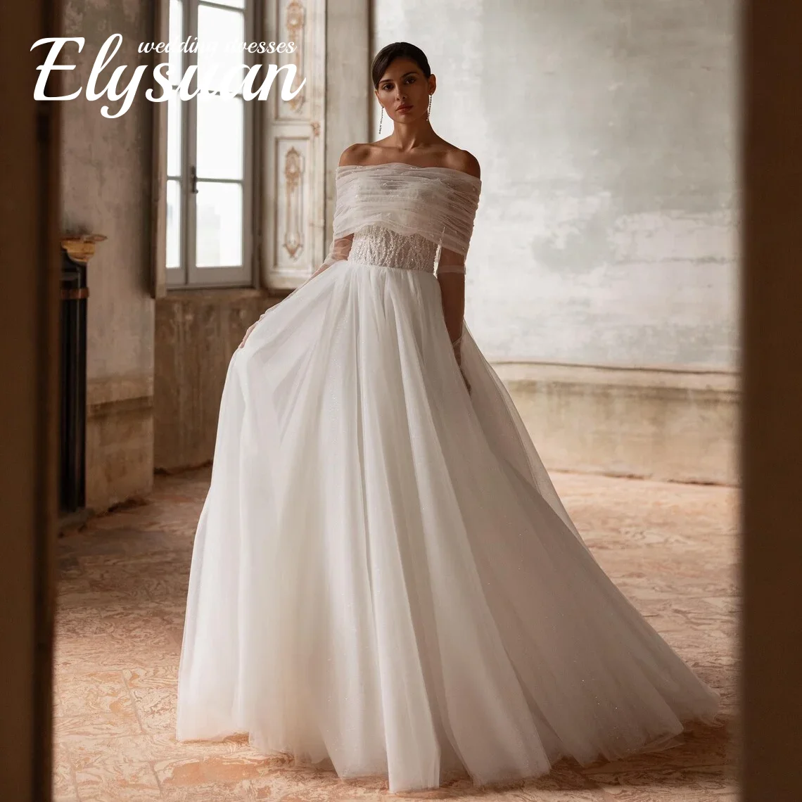 تخصيص أنيقة قبالة الكتف فستان الزفاف الكرة الأميرة الترتر الدانتيل مشد ضيق كم طويل فستان الزفاف