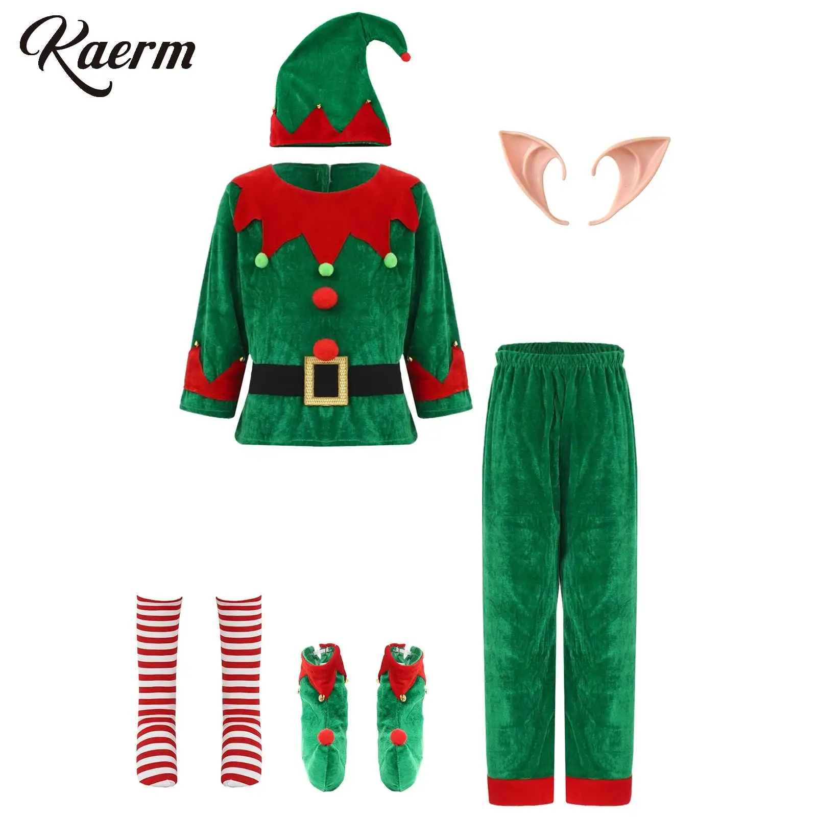 Disfraz de elfo de Navidad para niñas, conjunto de Papá Noel con Top, pantalones, sombrero, cinturón con orejas de silicona, medias, zapatos, trajes de fiesta de año nuevo