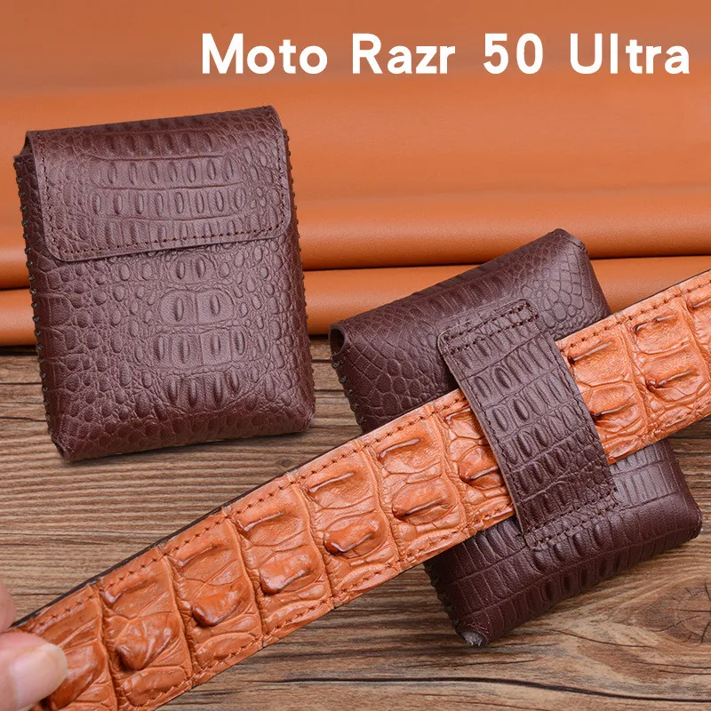 Genuine Cowhide Leather Phone Belt Pouch Sleeve Bag For Motorola Moto RAZR 50 Ultra 40 Crocodile Grids Grain Magnetic Flip Case