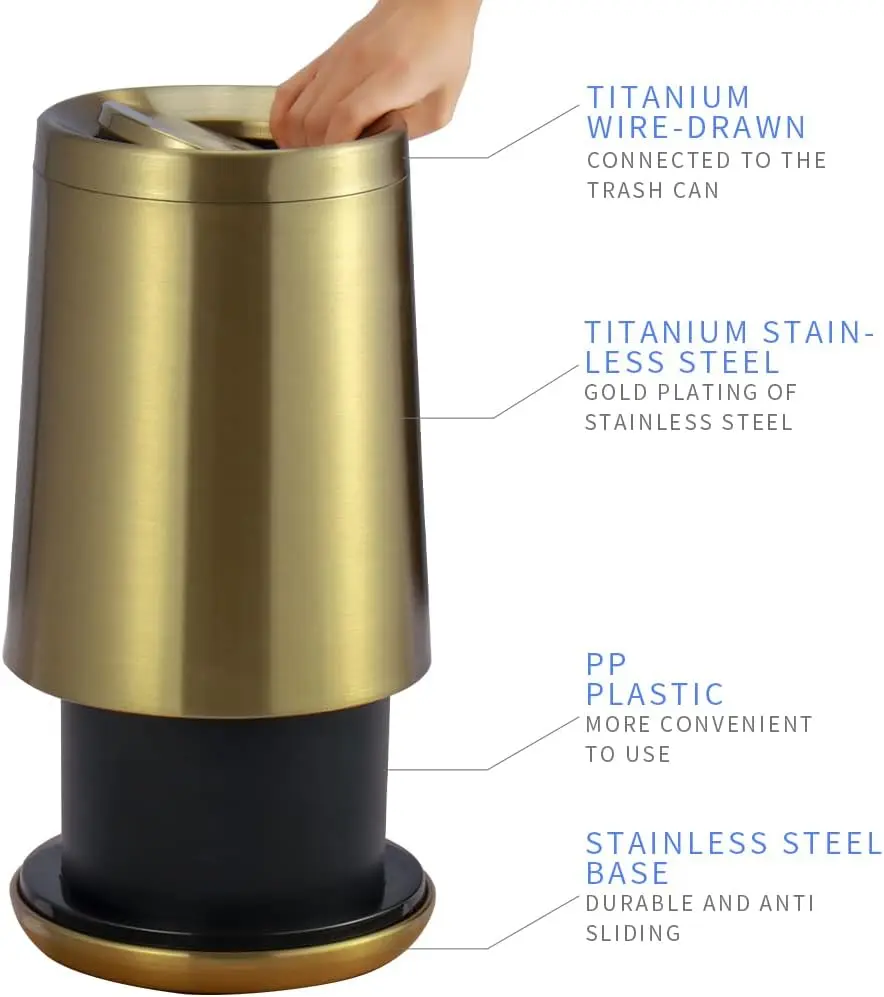 10 L /3 gal Home Swing Gold Bathroom trash can, brushed stainless steel, trash can with flip lid, suitable for indoor or outdoor