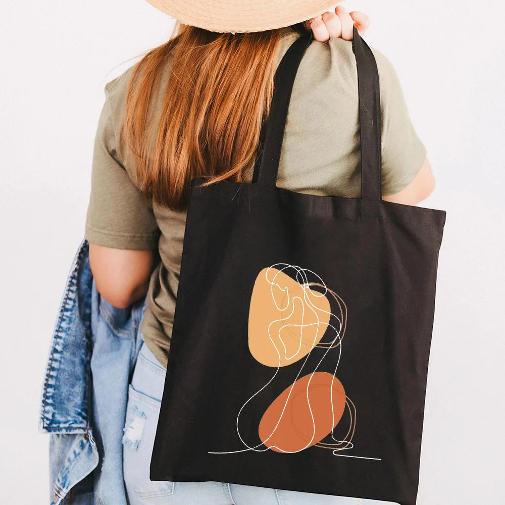 Bolso de mano de algodón de lona para mujer y niña, bolsa de mano con diseño geométrico de una línea de cara de flor minimalista abstracta, bolso de compras para estudiantes