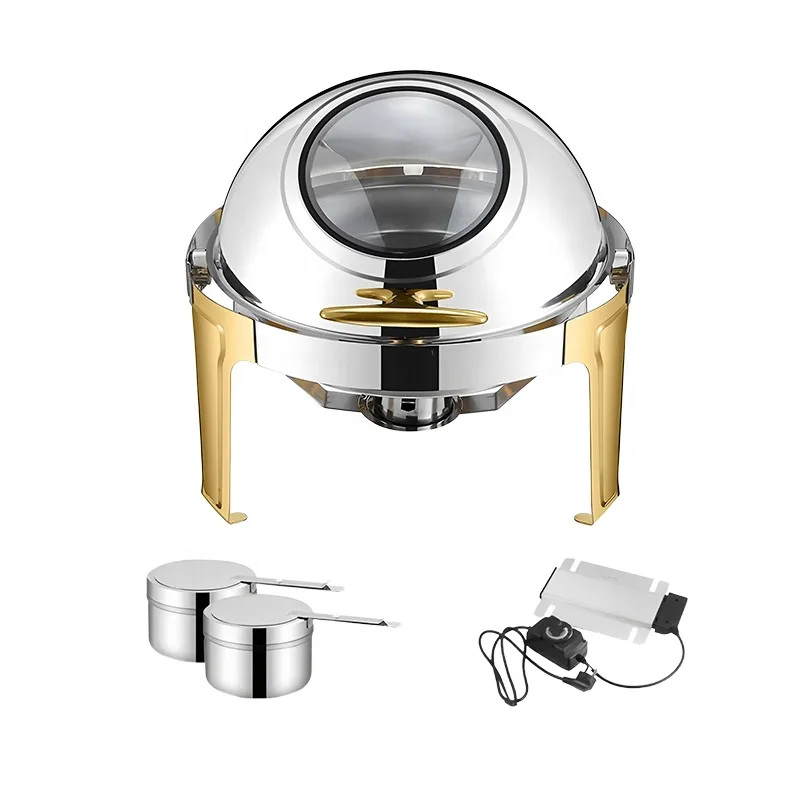 Deluxe semi-gold-plated stainless steel thermos high quality food warmer Buffet service Alcohol/electric heating 6L capacity