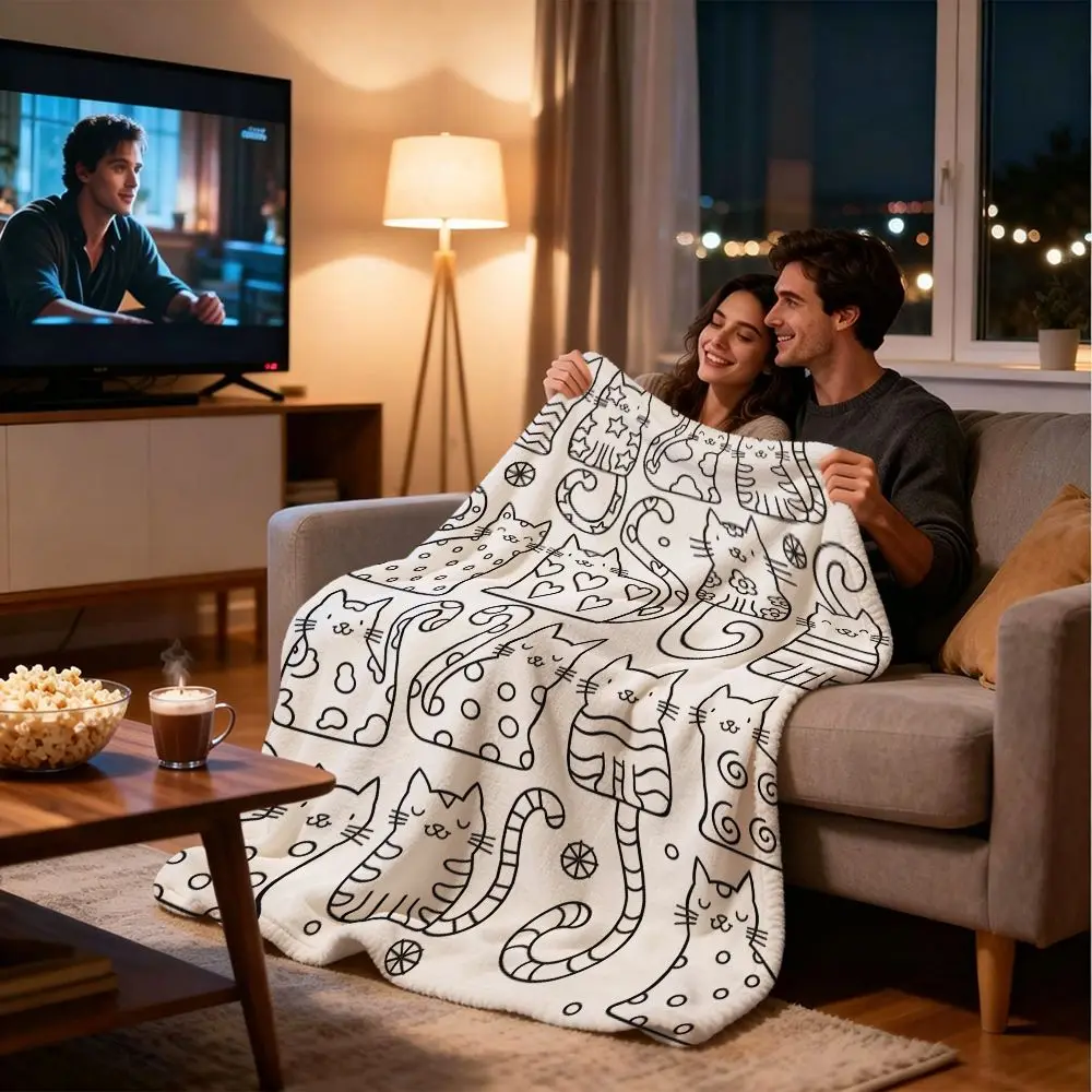 1pc Adorable‑Cat Sketch‑Print Throw Blanket, Sofa Decor, Skin‑Friendly DIY Coloring Gift for Adults