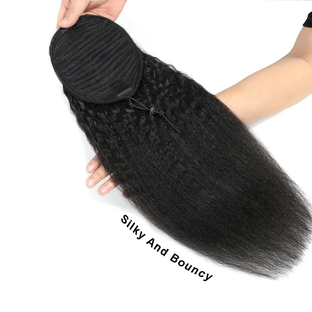 Kinky Rechte Human Hair Extensions Wikkelen Rond Trekkoord Paardenstaart Met Clips Yaki Recht # 1b Clip In Hair Extensions Virgin