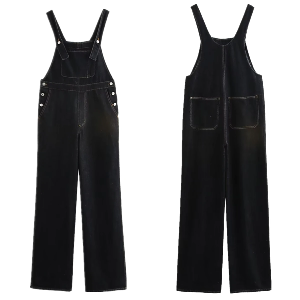 

Withered Minimalist Navy Blue Washed Denim Workwear Overalls Retro Loose Jumpsuit Dungaress Women Denim Pants