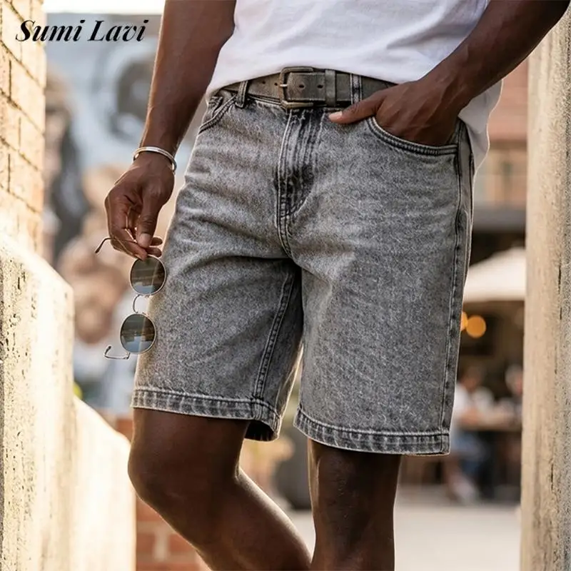 

Мужские повседневные джинсовые шорты свободного кроя для улицы, винтажные однотонные джинсовые шорты с эффектом потертости, модные мужские шорты для весны и лета