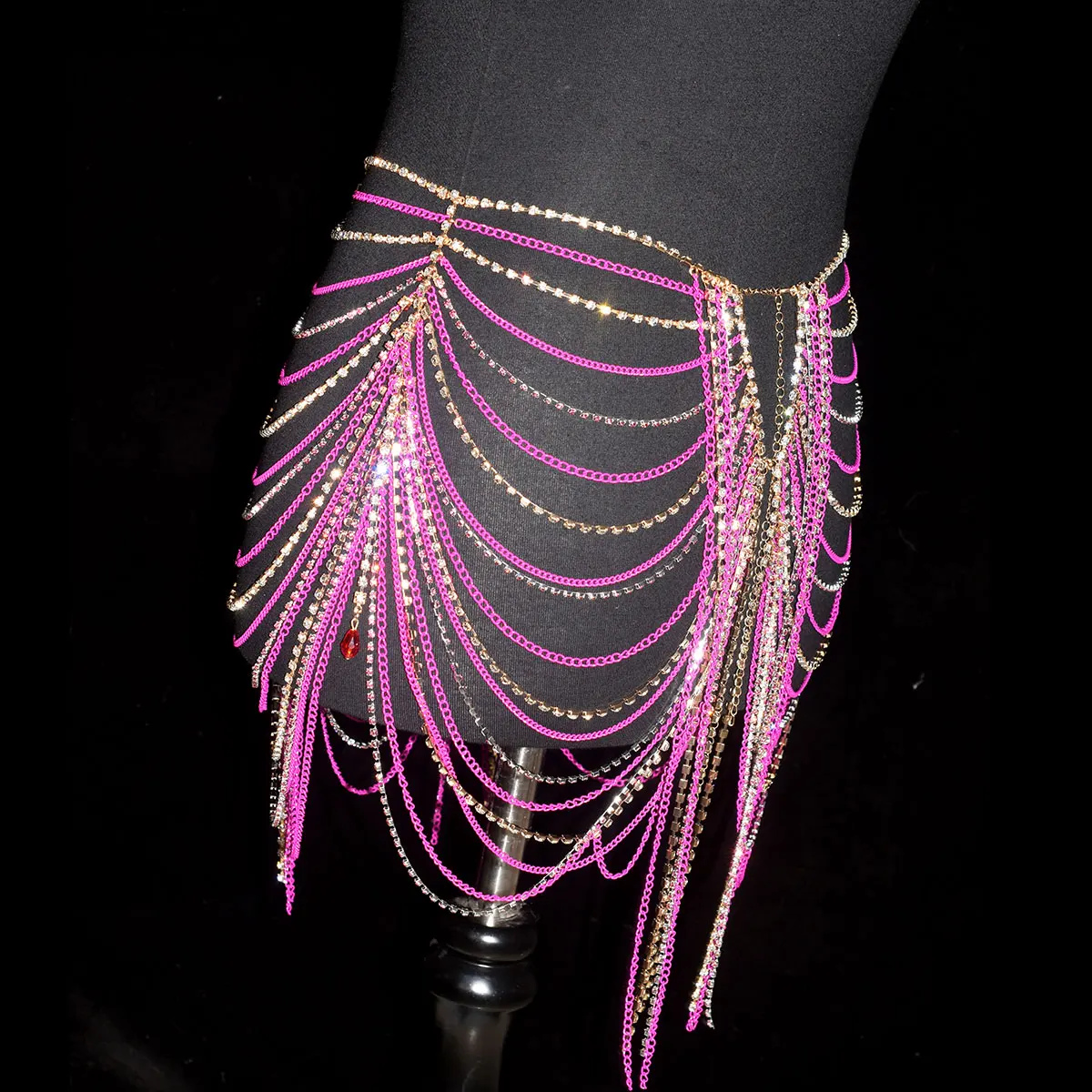 Shiny Women\'s Rhinestone Skirt Sexy  Luxurious Body  Jewelry Rose Red Wais stage Performance Music Festival Party  Costume Chain