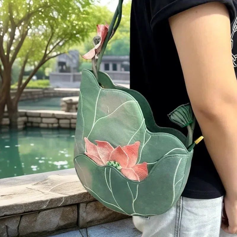 New Chinese Style Bags for Woman Lotus Embroidery Crossbady Bag Underarm Shoulder Sac Femme Irregular Bolso Bolsos De Mujer