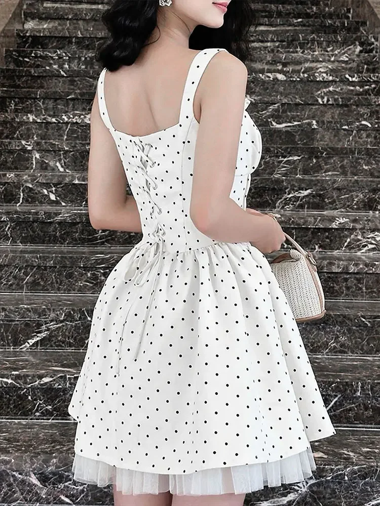 GELITAYIN Summer New Women A-Line Dresses Streetwear Fashion Dot Print Tank Sleeve Lace-up Dress Casual Slim Sexy Female Backles