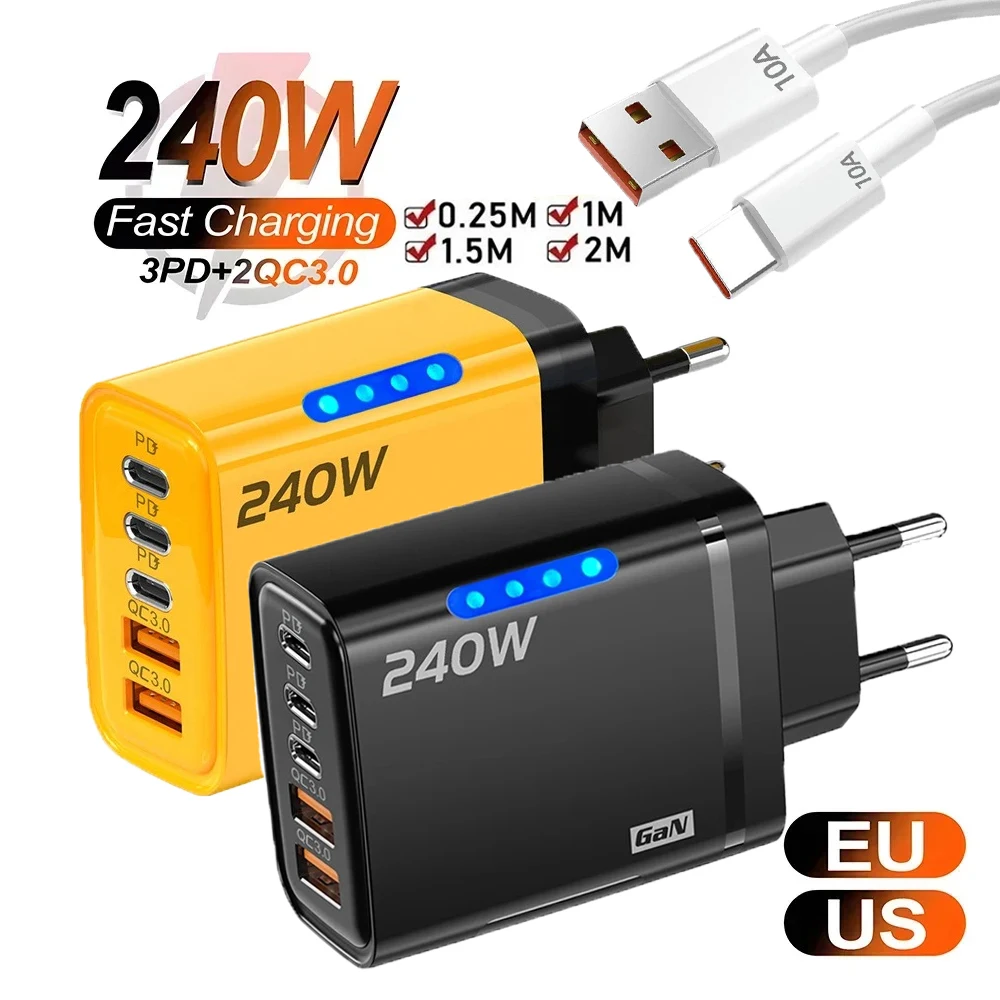 240W USB C GaN Charger 5 in 1 Fast Charging Phone Charger Adapter 10A USB To Type C Cable For iPhone Samsung Xiaomi Wall Charger