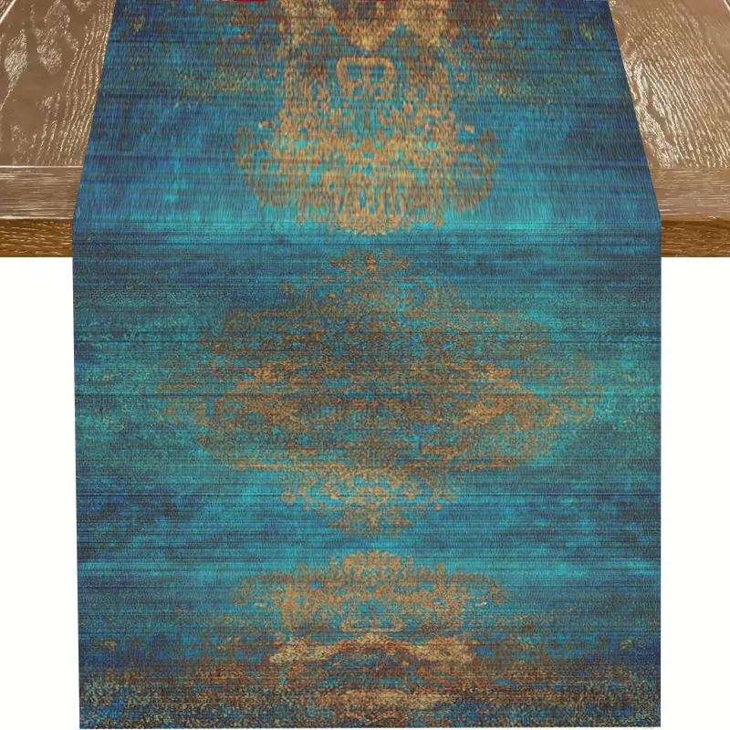 Dark Blue Retro Woven Table Runner -  Easy-Clean Home Kitchen Dining Decor