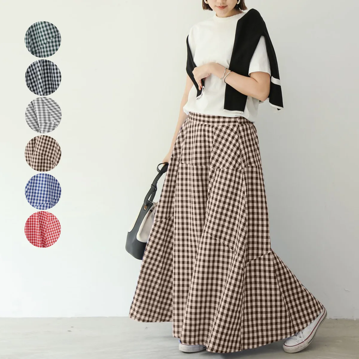 

6-Color Lotte 2024 Summer New Style Elastic Loose Plaid Splicing Large Swing Half Body Skirt For Women