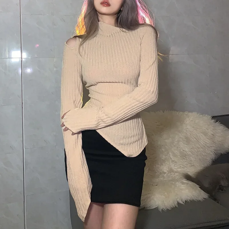 

New 2024 Autumn Women's Fashion Oblique Collar Irregular Solid Color Slimming Figure Knitting Long-sleeved Temperament Blouse