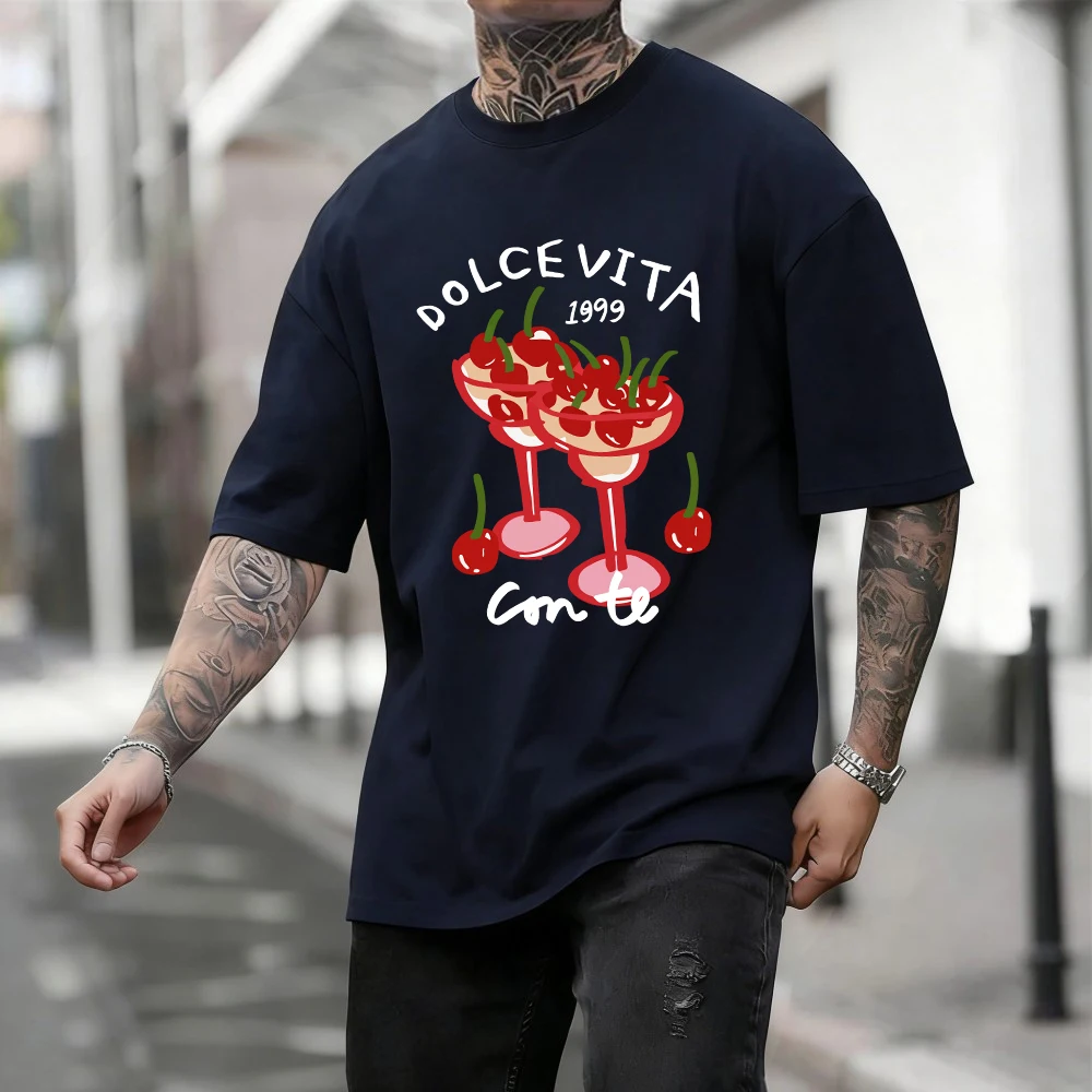 Camiseta Dolcevita con diseño de vino de cereza para hombre, ropa básica informal de algodón de manga corta, ropa de moda de verano, ropa de calle Unisex con cuello redondo