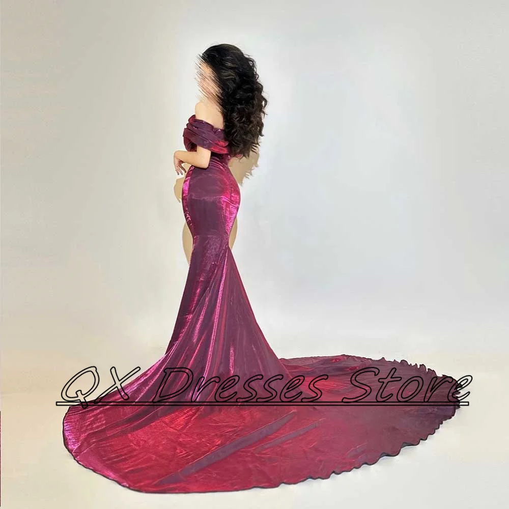 Customized Velvet Mermaid Evening Dress Off Shoulder Draped Sleeveless Simple Prom Gown Court Train Women‘s Sexy  Party Dresses